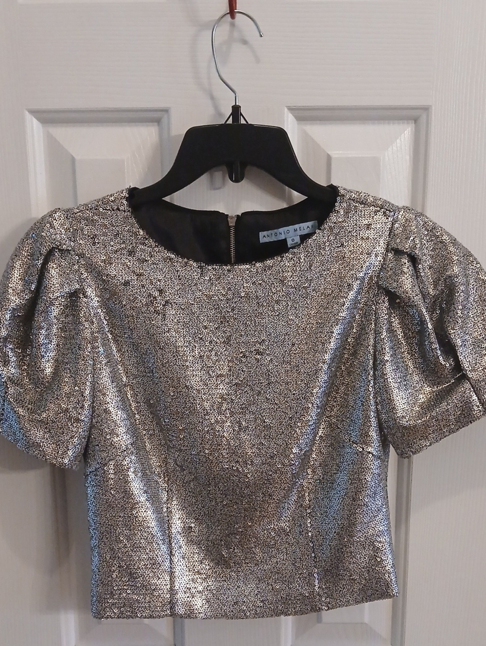 ANTONIO MELANI Silver Metallic Puff-Sleeve Crop Top